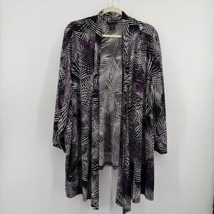 Maggie Barnes Cardigan Purple Black Szie 5X Tropical Palm Leaf Open Front Kimono